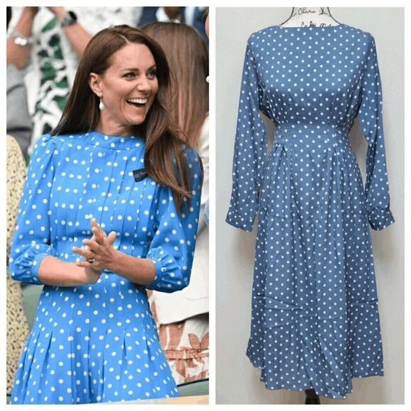 💙 NWT Modest Retro Vintage Polka Dot Long Sleeve Blue Midi Dress SIZE L - Picture 7 of 16